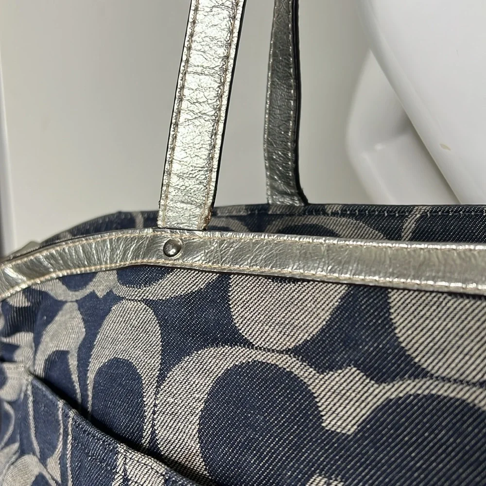 Coach XL Denim Blue and Silver Leather Zip Top Diaper Tote Travel Bag